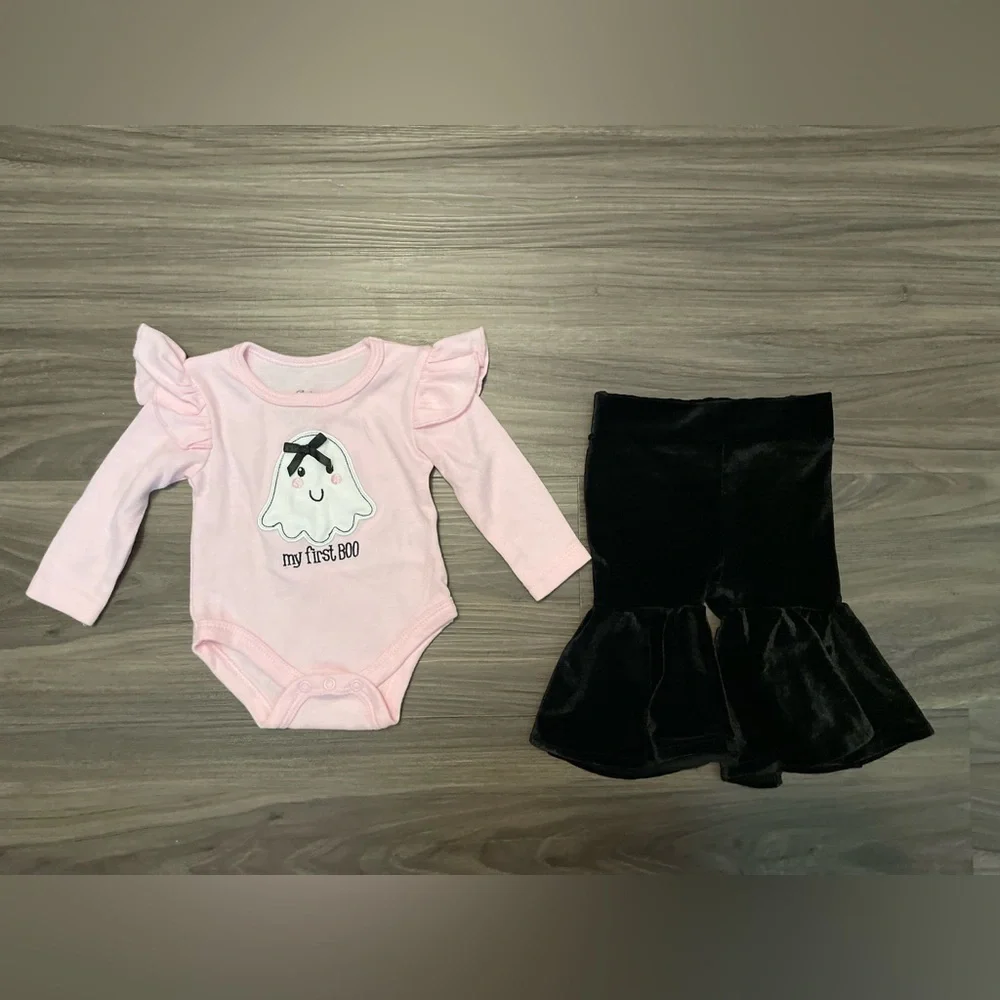 Baby Essentials Pink My first boo onesie and Black bell velour bottoms size 3M